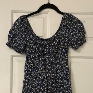 Hollister Navy Blue Floral Print Puff Sleeve Dress XS